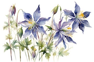 Watercolor rocky mountain columbine flowers white background, Ai Generated