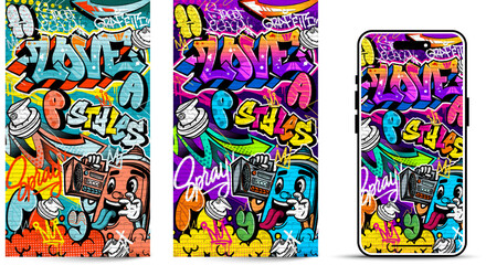 Graffiti wallpaper vector illustration. Vibrant and colorful street art urban graffiti illustration with scribbles, tagging, drips for wall art, wallpaper and many purposes