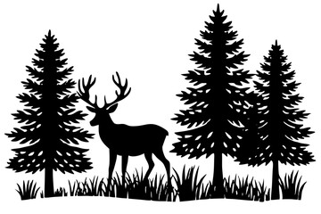 Silhouette of a deer with pine trees and forest scenery on white background, Deer silhouette, vector illustration	
