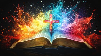 Obraz premium Open Holy Bible with 3D colorful Christian cross splash on a black background, striking and spiritual.