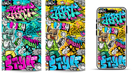 Obraz premium Graffiti wallpaper vector illustration. Vibrant and colorful street art urban graffiti illustration with scribbles, tagging, drips for wall art, wallpaper and many purposes