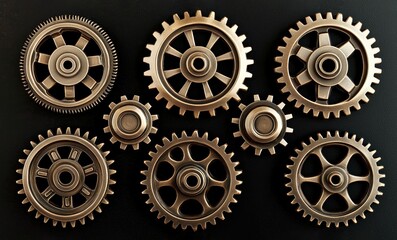 A collection of metallic bronze gears and cogs with intricate designs. Ideal for industrial and mechanical themes.