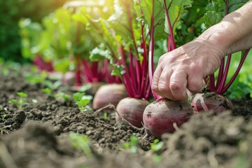 Close-up of a gardener's hands pulling fresh beetroots from the soil in a lush, green garden on a sunny day