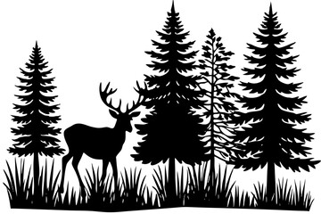 Naklejka premium Silhouette of a deer with pine trees and forest scenery on white background, Deer silhouette, vector illustration 