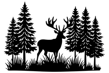 Silhouette of a deer with pine trees and forest scenery on white background, Deer silhouette, vector illustration	

