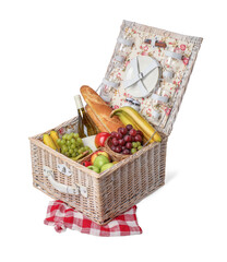 Picnic basket with tableware, food and wine isolated on white