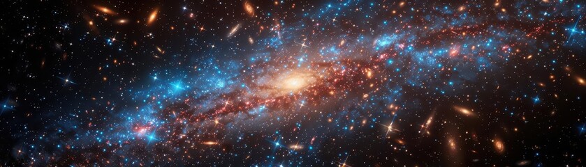 Obraz premium Produce a radiant galaxy scene with varying redshift among galaxies, top view, visualizing cosmic expansion, cybernetic tone, vivid, copy space for text,