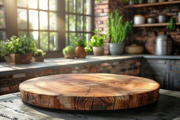 Empty Round Wooden Tabletop in Clean and Bright Kitchen Ready for Display and Product Montage