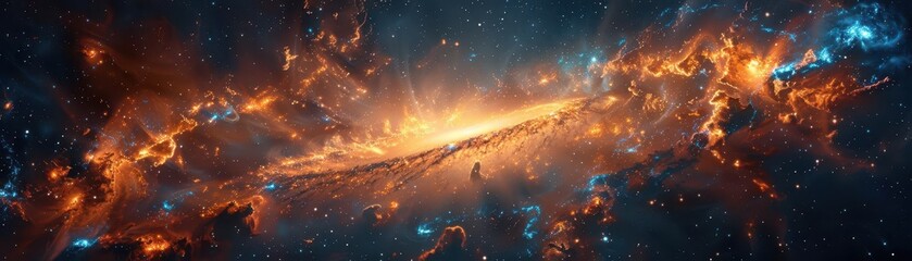 Fototapeta premium Produce a radiant galaxy with dark matter intricacies and celestial formations, top view, visualizing the universes secrets, cybernetic tone, vivid, copy space for text,