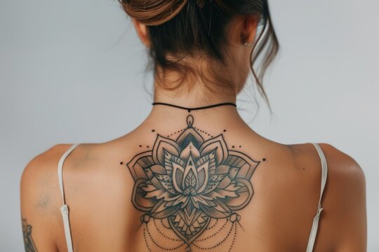 Detailed tattoo on woman's back Isolated on white background