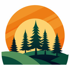 Silhouette of Pine Tree Vector Logo Icon - Sunset Lighting, Simple Design, Flat Colors, Graphics Decoration Clipart