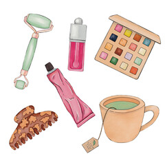 handdrawn doodle playful whimsical cosmetic beauty makeup for woman. Self-care. Lifestyle