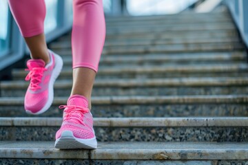 Dynamic Urban Stair Running Exercise. Close-up on the legs of a person in pink athletic wear running up city stairs