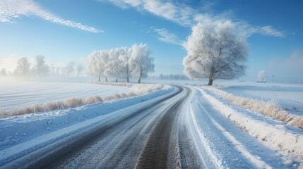 Beautiful White Rime Along Country Road with Ethereal Dreamlike Daytime Scene