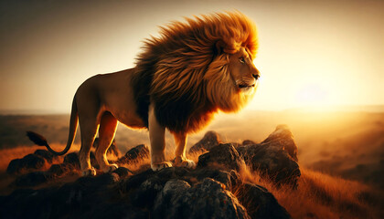 Obraz premium A lion stands alone on a mountain.