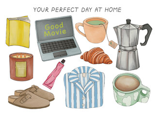 Your perfect day at home. Lazy morning stickers. Favorite pajamas, watching a movie, morning coffee, candle, hot soothing tea, self-care, relaxation