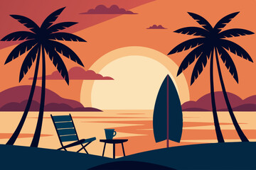 Vector Silhouette Beach Chairs Surfboards Palm Trees Sunset Sky Simple Design Flat Colors