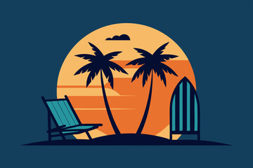 Vector Silhouette Beach Chairs Surfboards Palm Trees Sunset Sky Simple Design Flat Colors