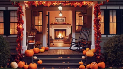 A porch with pumpkins and leaves on the steps leading to a house, AI
