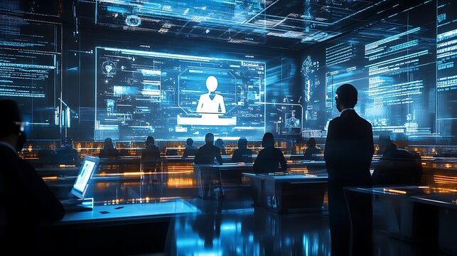 A futuristic educational environment with holographic teachers and virtual classrooms, powered by the internet --ar 16:9