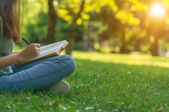 A person sitting peacefully in a serene environment, holding a book. The scene captures a tranquil moment of relaxation and introspection, with the individual absorbed in reading amidst a backdrop of 
