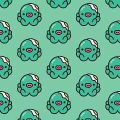 UTE LITTLE GREEN OCTOPUS WITH AN EGG ON HIS HEAD SEAMLESS PATTERN