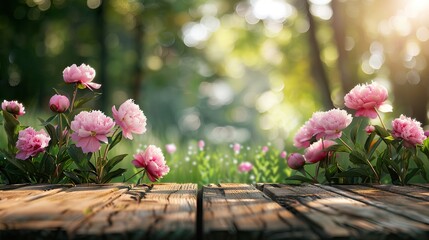 Serene Garden Podium with Spring Background Under Morning Light. AI generated illustration