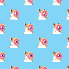FUNNY DOG WITH A BIG DONUT ON HIS FACE SEAMLESS PATTERN