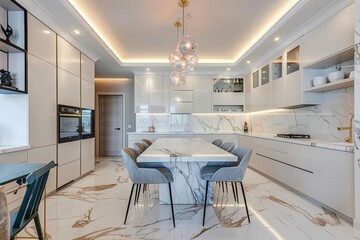 Fototapeta premium A modern kitchen with white cabinets and a large marble island