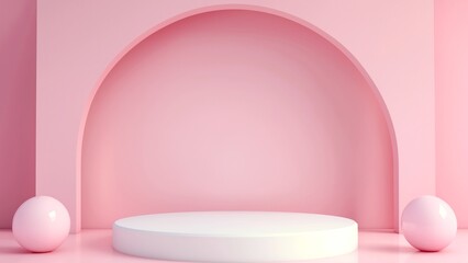 An empty podium with a pastel pink background. Suitable for cosmetic product presentations