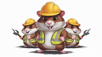 Obraz premium Three cartoon characters wearing hard hats and yellow vests, AI