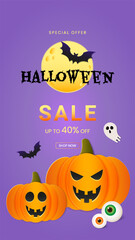 Halloween greeting banner with cutest pumpkins and bats on purple background. Design template for advertising, web, social media. Vector illustration in cut paper style