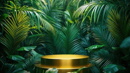 Obraz premium Golden podium placed against a backdrop of lush palm branches