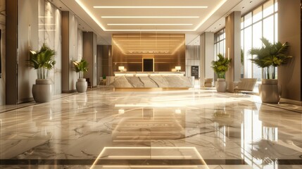 Fototapeta premium A large lobby with a white marble floor and a large mirror