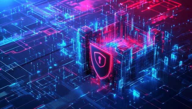 Advanced Cybersecurity Defense: Multi-Layered Protection Systems, multi-layered shield representing advanced cybersecurity defenses. 