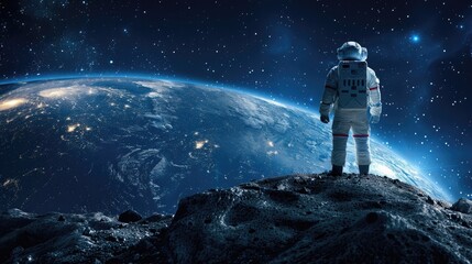 A man in a spacesuit stands on a rocky surface looking up at the stars