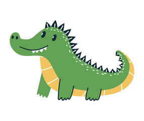 Cute green crocodile with yellow belly and spiny back