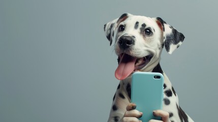 A Dalmatian dog is holding a cell phone in its mouth