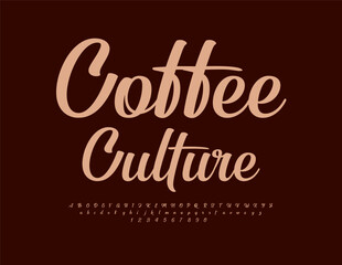 Vector modern label Coffee Culture. Stylish Cursive Font. Artistic Alphabet Letters and Numbers set.