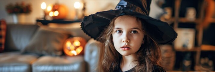 Fototapeta premium Young girl getting ready in witch costume for Halloween party in living room at home
