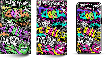 Graffiti wallpaper vector illustration. Vibrant and colorful street art urban graffiti illustration with scribbles, tagging, drips for wall art, wallpaper and many purposes