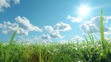 Fototapeta premium A field of grass with a bright blue sky and a sun shining down on it
