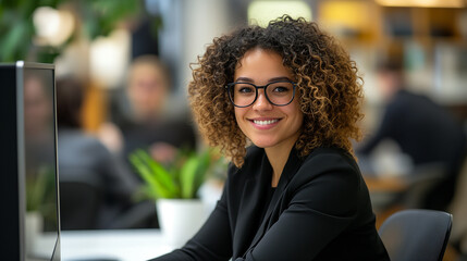 Fototapeta premium A portrait of an office worker smiling and working in the background, sitting at her desk with a computer. She has curly hair and glasses, wearing a black blazer. In a front view i