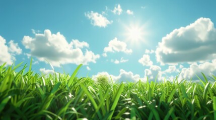 Obraz premium A field of grass with a bright sun shining down on it