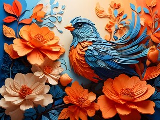 Vibrant and colorful digital illustration featuring a bird perched on a branch amidst a backdrop of lush, orange flowers. The bird has striking blue and orange plumage Generative AI