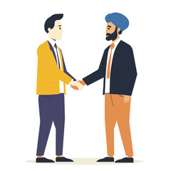 Obraz premium Two men shaking hands, modern style, professional setting. One man wears yellow jacket, man black, both ties. Flat vector illustration style, partnership, agreement