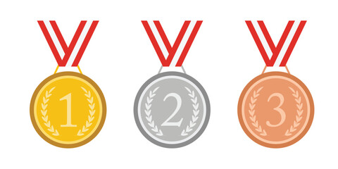 Gold, silver and bronze medals with red ribbon flat vector icons for sports apps and websites