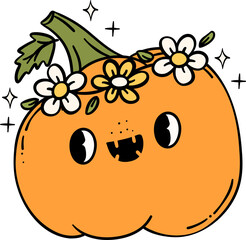 Groovy Retro Halloween pumpkin Cartoon Character Doodle Hand Drawing  Vibrant Bold Funky Art