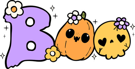 Groovy Retro Halloween boo word typography Cartoon Character Doodle Hand Drawing  Vibrant Bold Funky Art