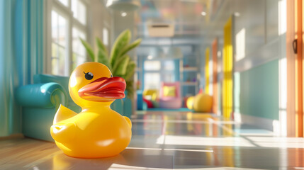 large yellow rubber duck in the lobby of an office or children's clinic or play center for children